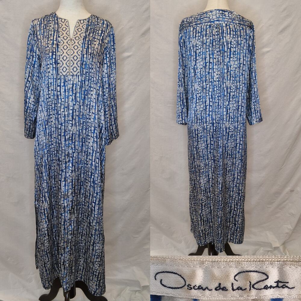 Oscar de la Renta Kaftan Womens XS Blue/White Embroidered 1/2 Zip Pockets #W5585